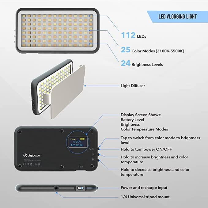 Digipower, Digipower - Vlogging Kitinstructor Advanced Call Pro 4 Stück Stativ/Halterung/Licht/Lavalier Mikrofon 112 LEDs