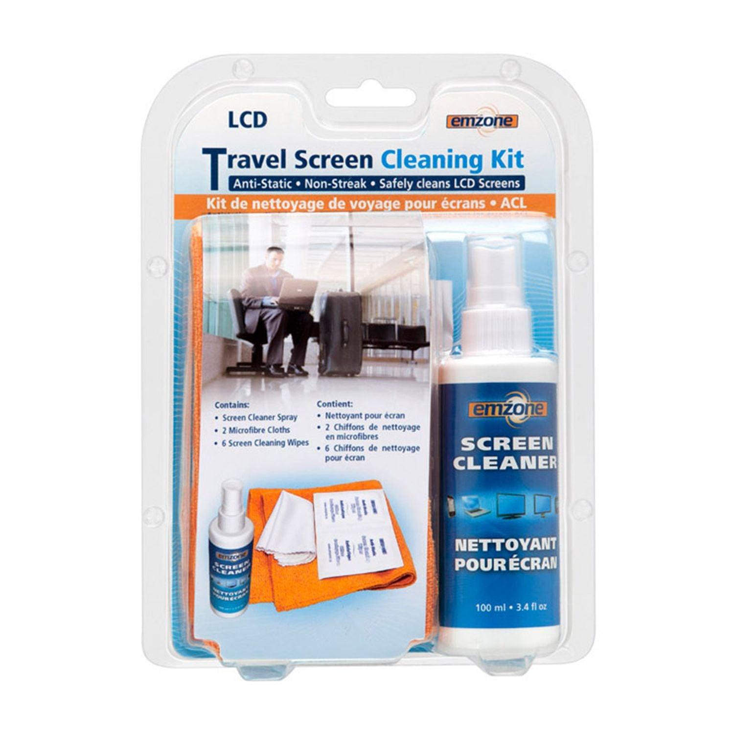 Emzone, Emzone - Travel Screen Cleaning Kit - enthält 100ml Bildschirmreiniger - 1 Mikrofasertuch - 6 Bildschirmreinigungstücher Frei von Alkohol und Ammoniak (47077)