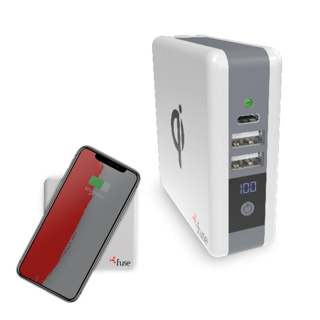 Sicherung, Fuse - 3in1 Qi-Ladegerät 5Watt/6700mAh PowerBank/3Port Wandladegerät - 1 USB-C 3Amp - 2 USB-A 2.4Amps - Klappbarer Prong Weiß